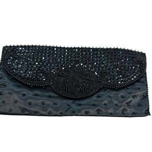1950's Sharonee‎ Seed Beaded Black Clutch Envelope Evening Bag Satin ~ Japan